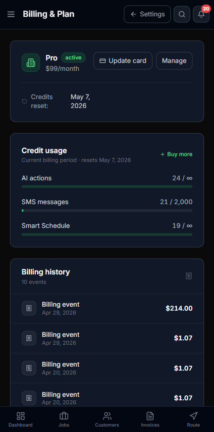Lawnager Billing & Plan view on mobile showing Pro plan, credit usage bars, and billing history