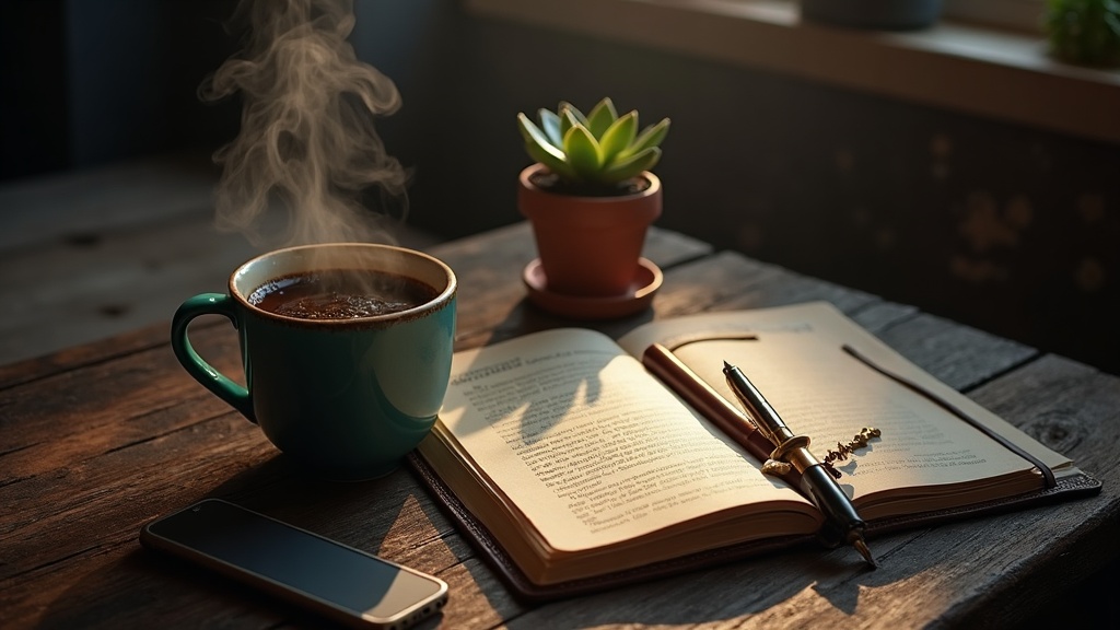 Editorial morning desk with coffee, leather notebook, fountain pen, and a small plant