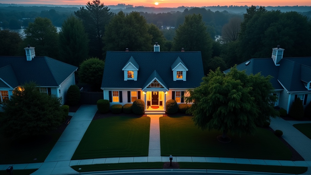 Aerial drone view of a suburban property at dusk