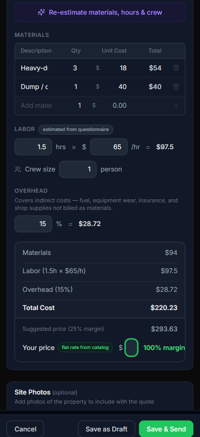 Lawnager AI auto-fill on mobile showing materials, labor, overhead and suggested price