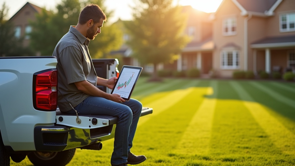 Lawn care business owner reviewing growth charts on a tablet on the tailgate of a work truck at golden hour