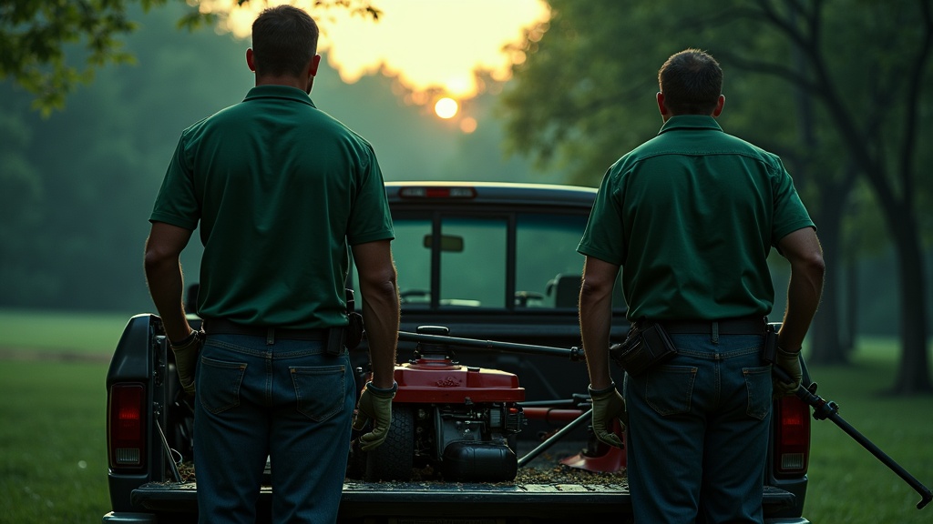 Two-person lawn-care crew loading equipment into a pickup truck at dawn