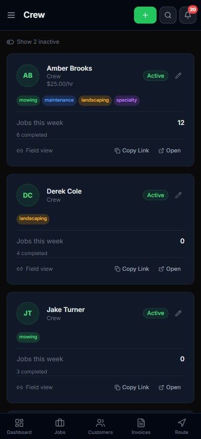 Lawnager crew list on mobile showing each member with skills, hourly wage, and weekly job count