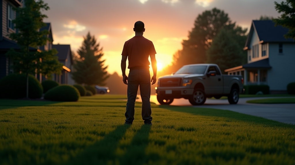 Lawn care business owner standing on a freshly-mowed lawn at sunrise