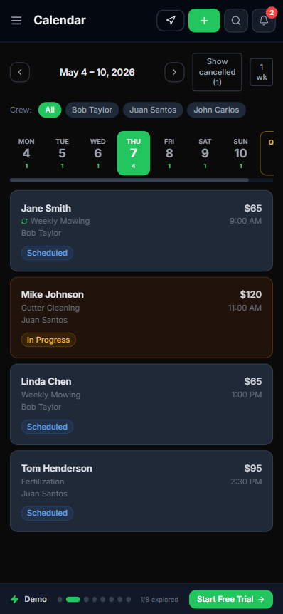 Lawnager schedule view on mobile