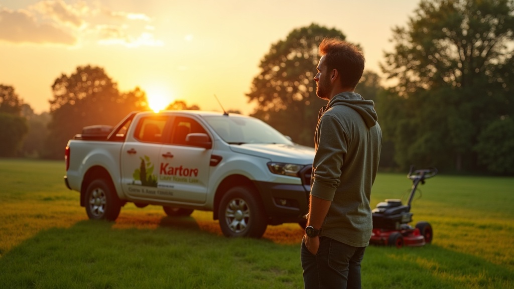 Lawn care business owner standing beside a branded truck and mower on a green lawn at sunrise