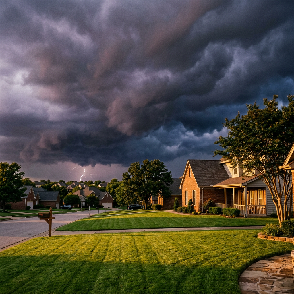 Dark storm clouds rolling in over a freshly-mowed suburban front yard