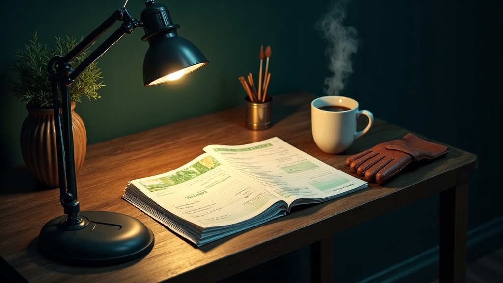 Editorial still life of paid invoices, coffee, and work glove on a wooden desk at dawn