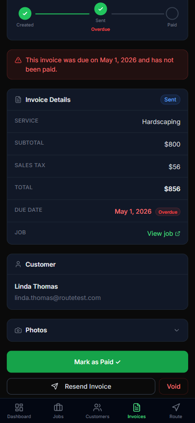 Lawnager invoice detail on mobile showing overdue status, amount, customer, and payment actions