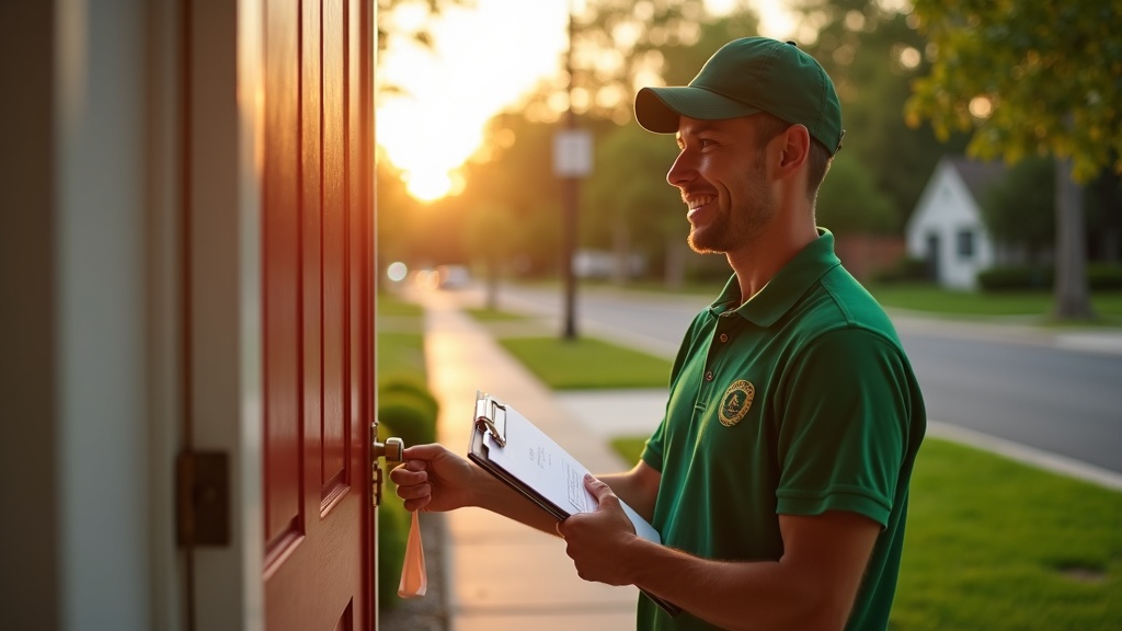 Lawn care crew member in a branded polo knocking on a suburban door at golden hour, holding a door hanger
