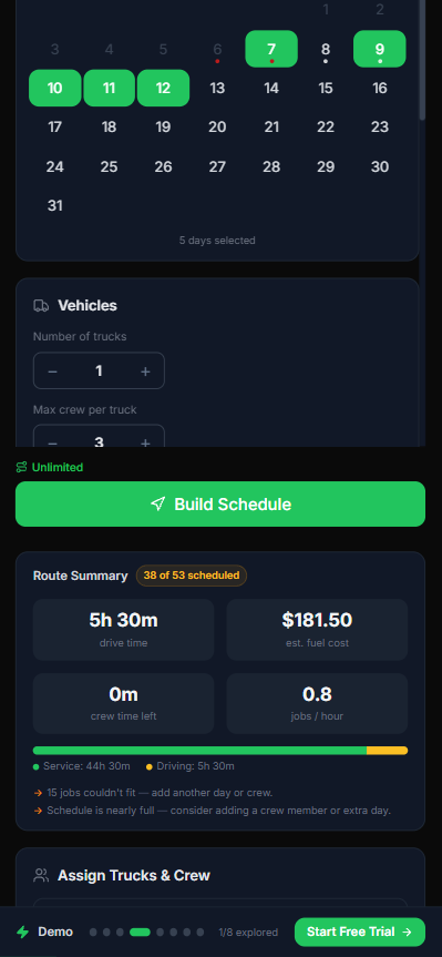Lawnager Route page on mobile showing day picker, vehicles, and route summary