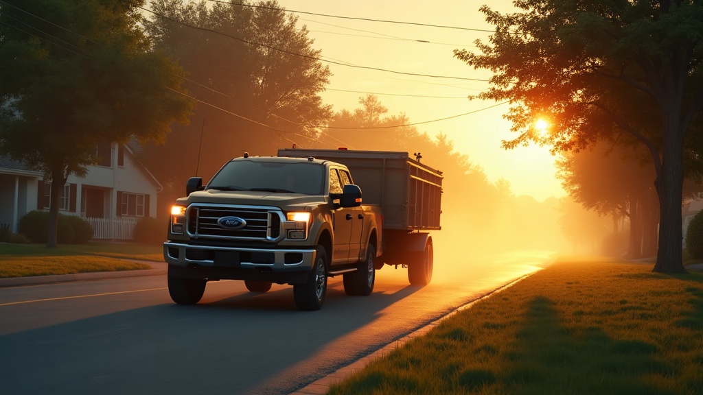 Lawn-care pickup truck pulling a trailer on a suburban street at dawn