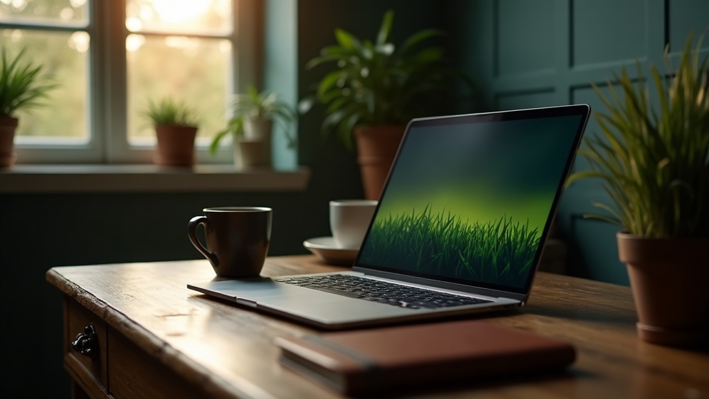 Open laptop on a wooden desk at dawn showing a clean lawn-care website