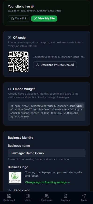 Lawnager website builder on mobile showing live site URL, QR code, embed widget and business identity