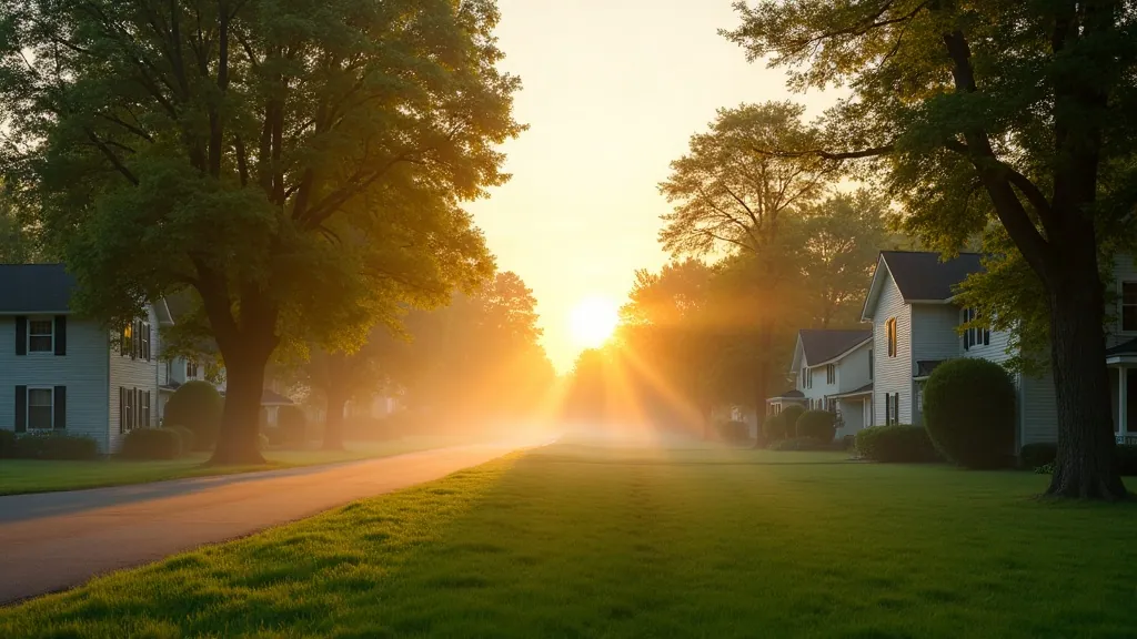 A suburban neighborhood street lined with lush green lawns at dawn