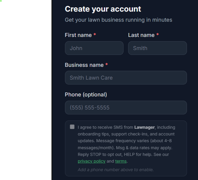 The SMS consent checkbox on the live Lawnager sign-up form at app.lawnager.com/signup, showing the full consent disclosure text